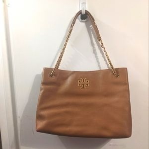 Like New Tory Burch Camel Brown Britton Triple Compartment Tote.